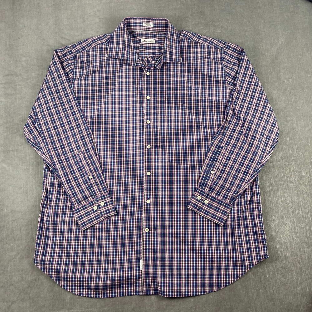Peter Millar Mens XXL Blue Pink Plaid Cotton Long Sleeve Button Down Shirt